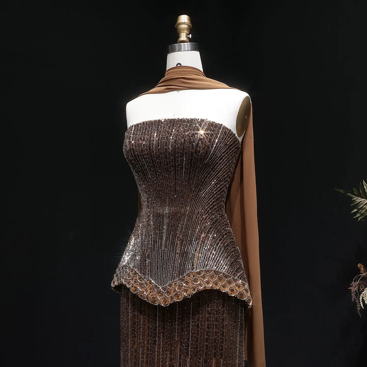 Glamorous Orange Sequin Strapless Peplum Evening Dress with Scarf SS560 Glamorous Orange Sequin Strapless Peplum Evening Dress with Scarf SS560