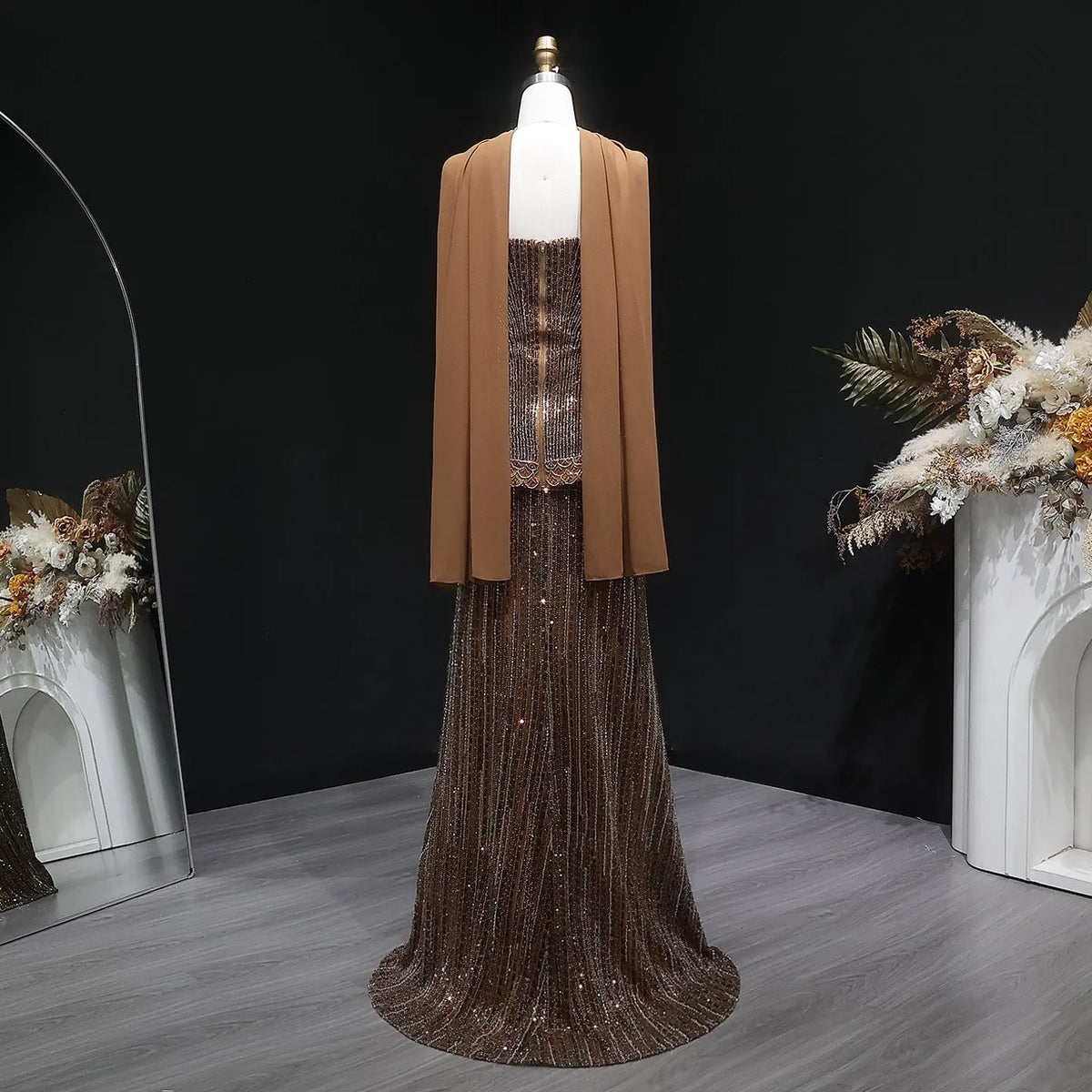 Glamorous Orange Sequin Strapless Peplum Evening Dress with Scarf SS560 