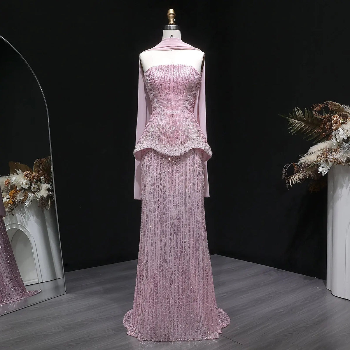 Glamorous Orange Sequin Strapless Peplum Evening Dress with Scarf SS560 