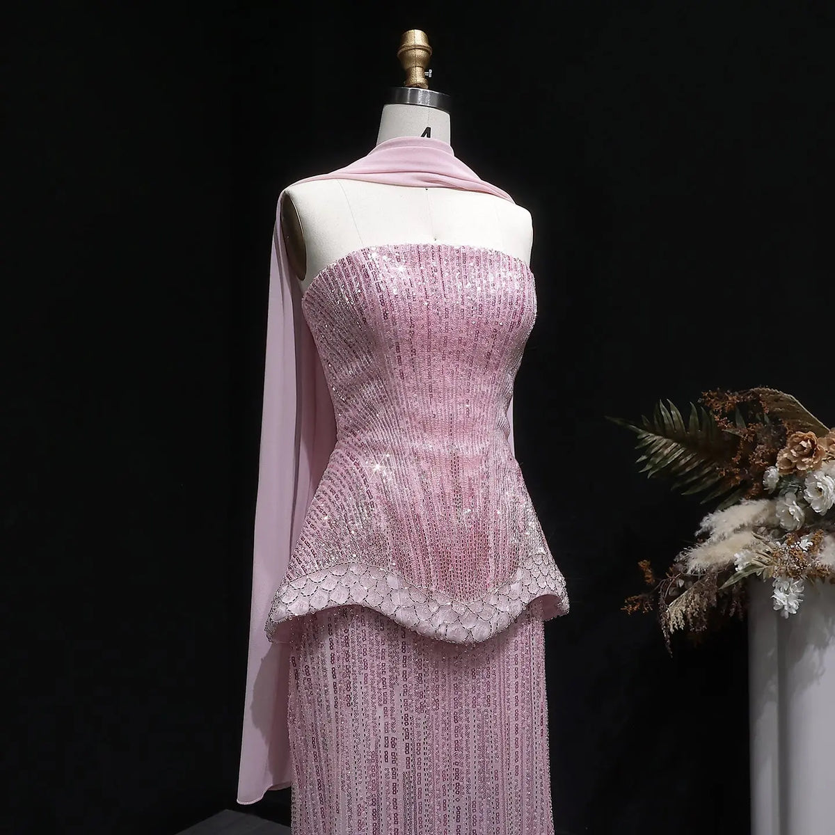 Glamorous Orange Sequin Strapless Peplum Evening Dress with Scarf SS560 