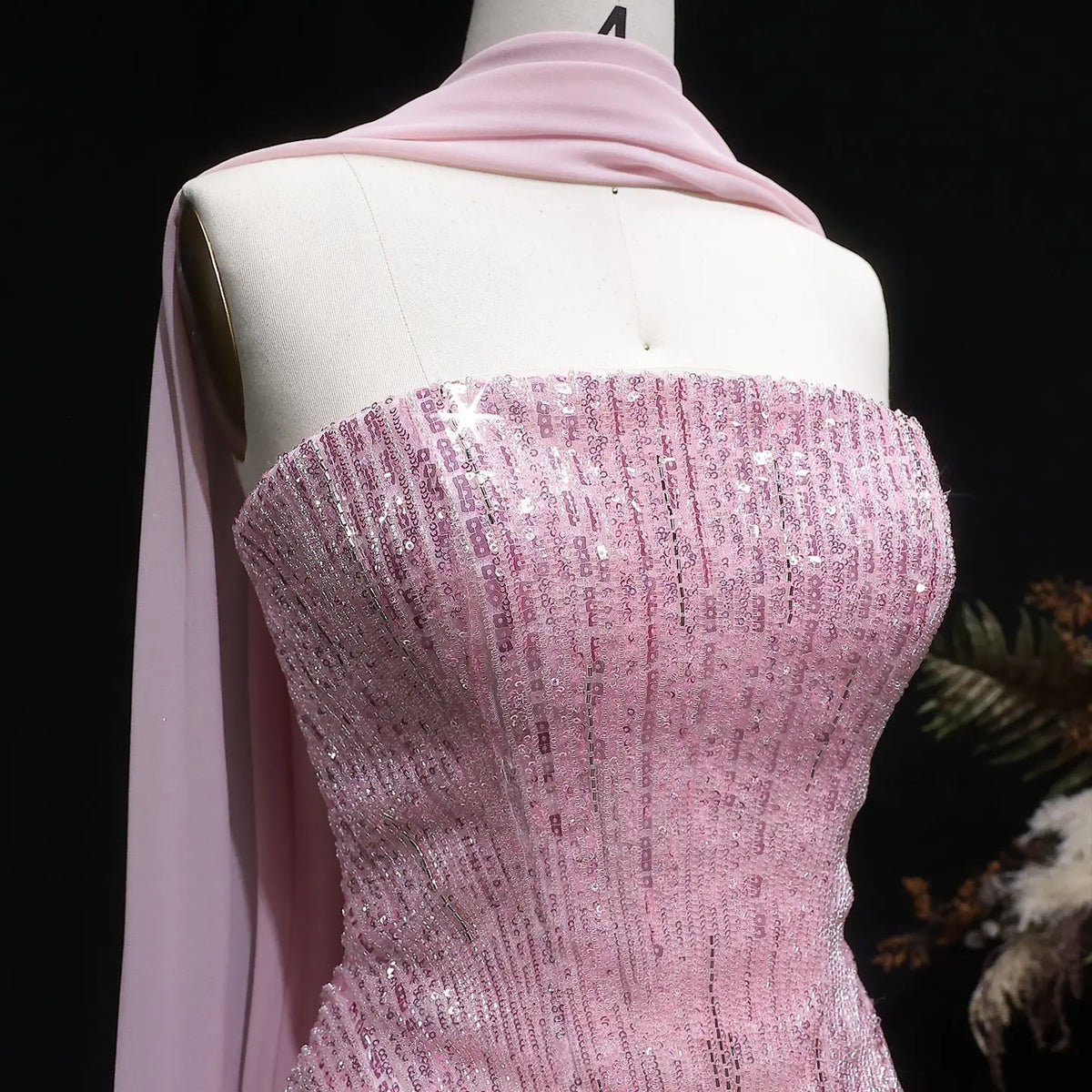 Glamorous Orange Sequin Strapless Peplum Evening Dress with Scarf SS560 