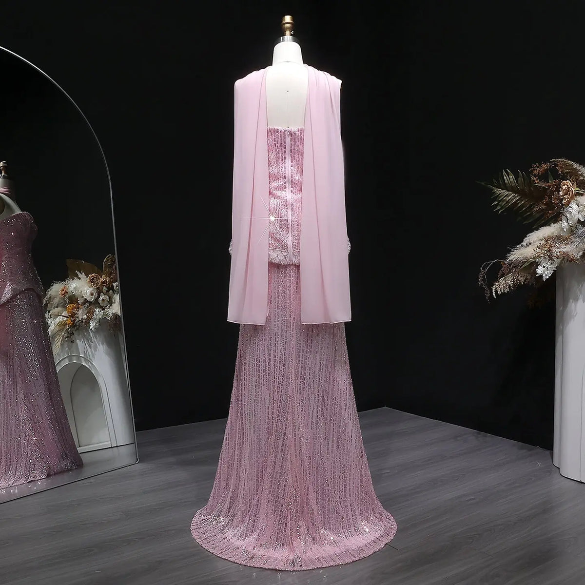 Glamorous Orange Sequin Strapless Peplum Evening Dress with Scarf SS560 