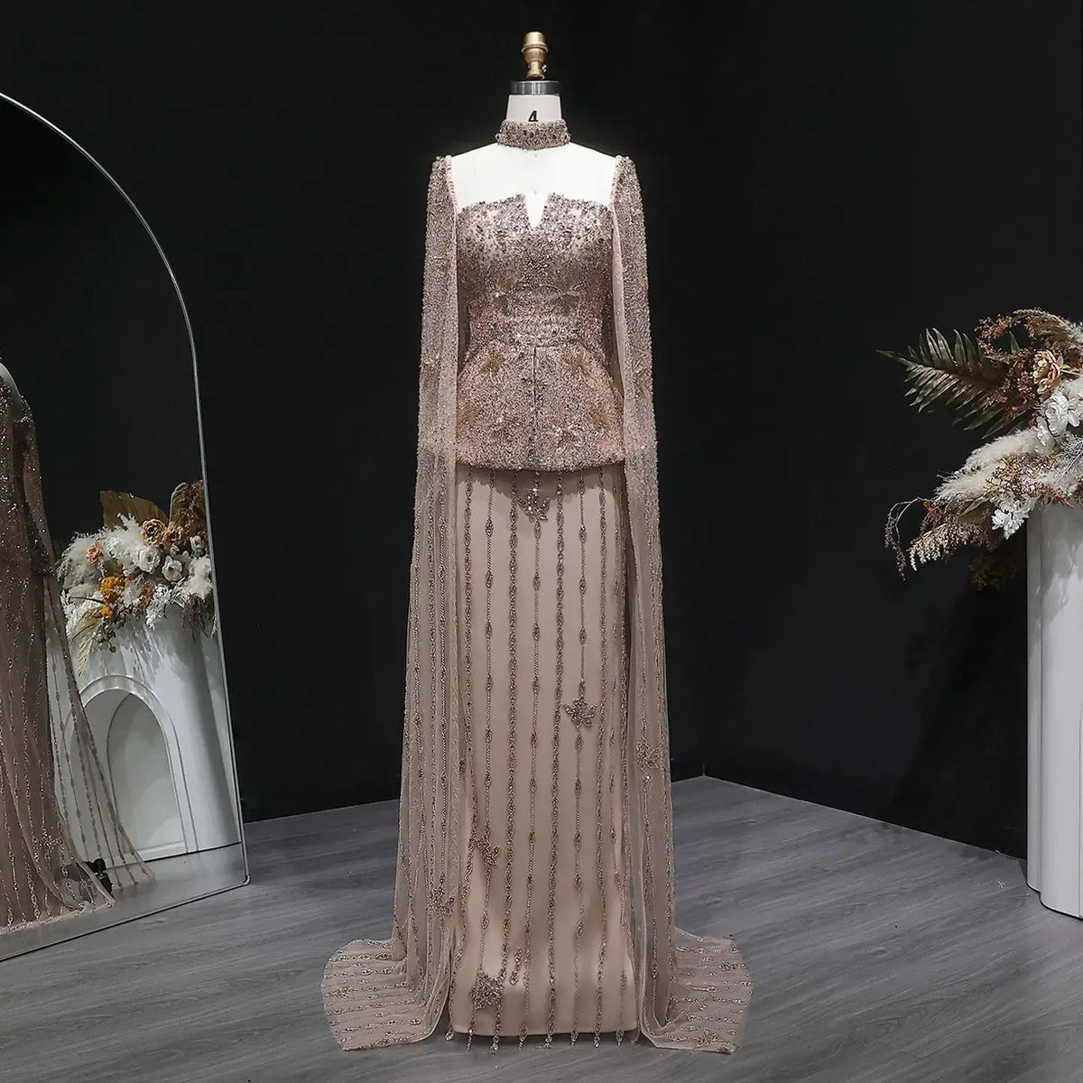 Elegant Silver High Neck Sheer Fitted Evening Dress with Cape Sleeve SS531 