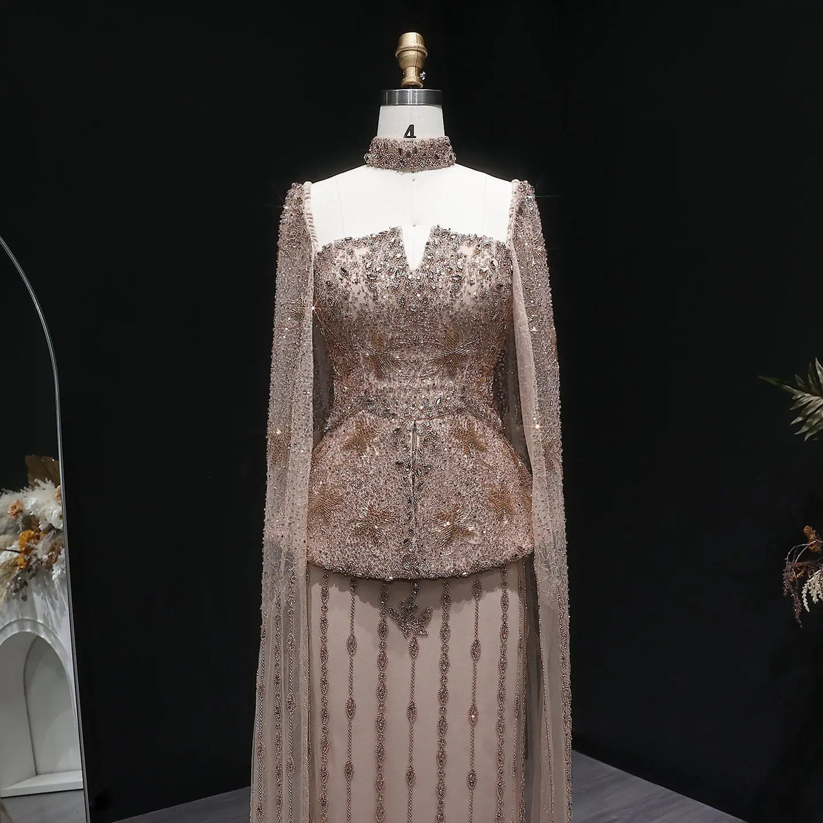 Elegant Silver High Neck Sheer Fitted Evening Dress with Cape Sleeve SS531 