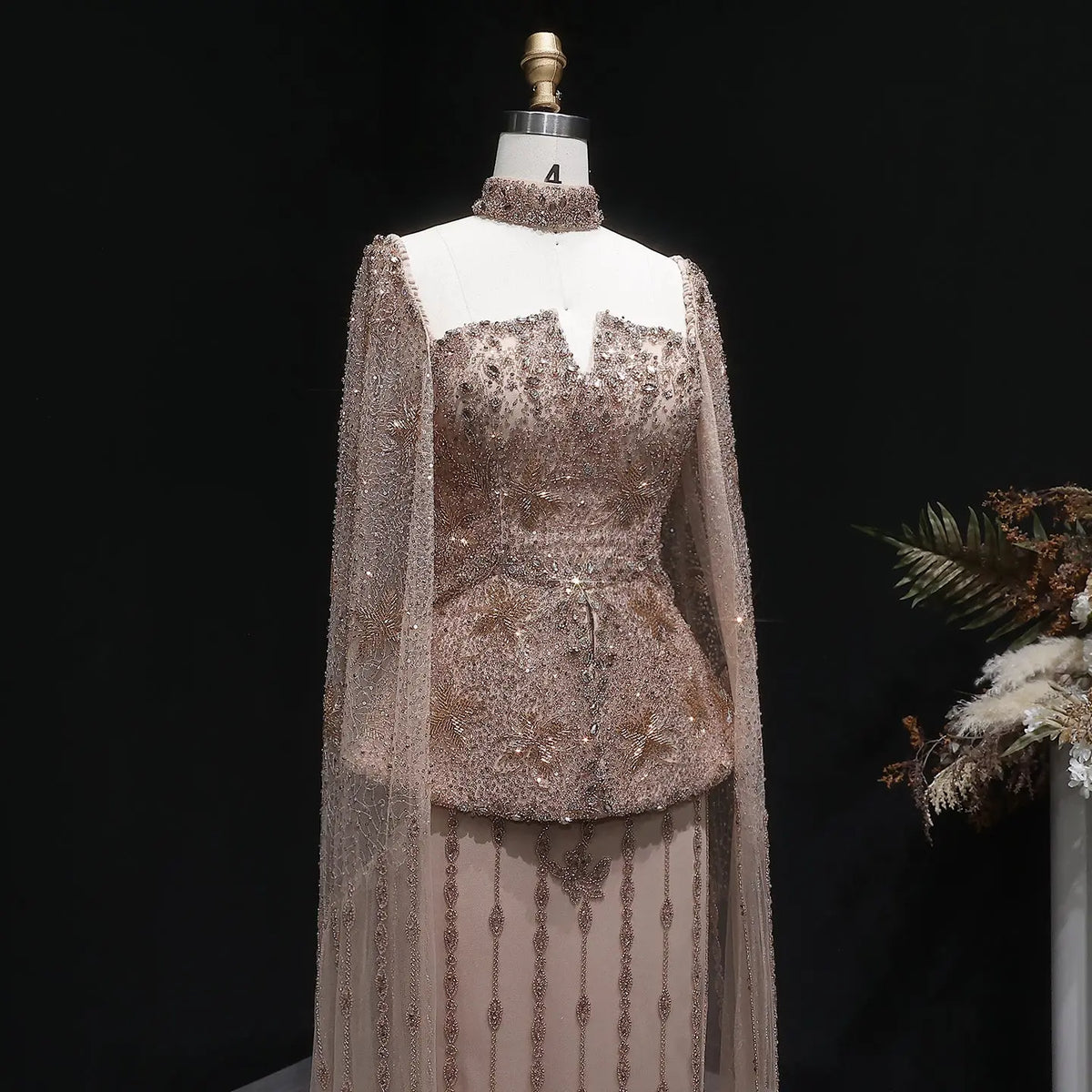 Elegant Silver High Neck Sheer Fitted Evening Dress with Cape Sleeve SS531 