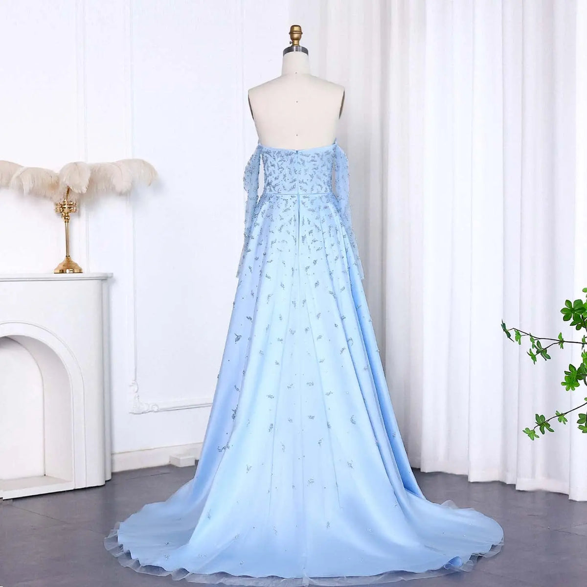 Final Sale Luxury Silver Gray Evening Dress with Overskirt Sleeves SS484 Final Sale Luxury Silver Gray Evening Dress with Overskirt Sleeves SS484