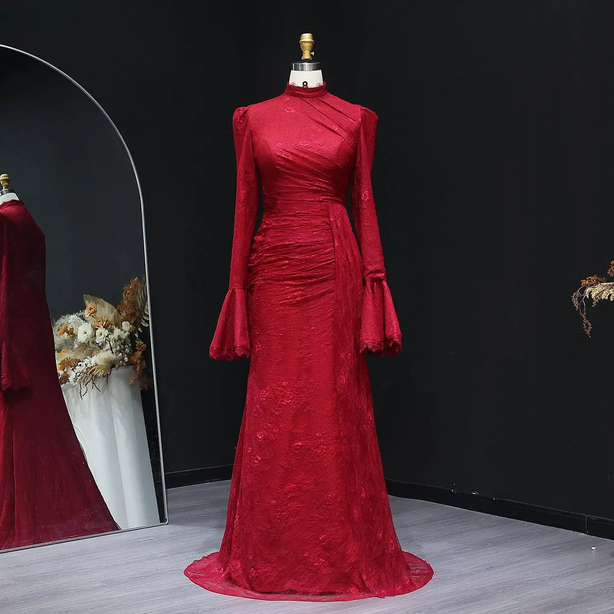High Neck Evening Dress with Lace Long Flare Sleeves SF484 High Neck Evening Dress with Lace Long Flare Sleeves SF484