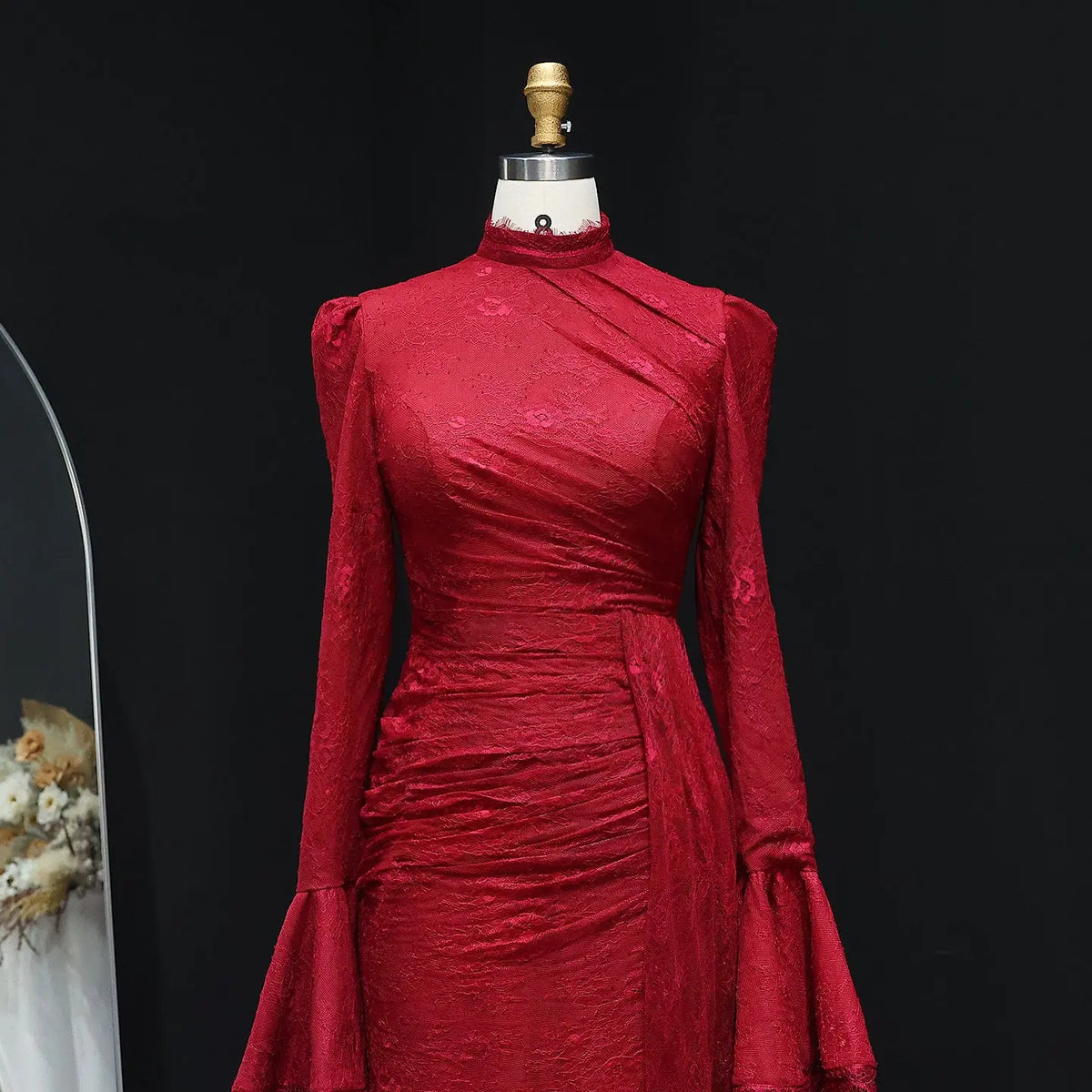 High Neck Evening Dress with Lace Long Flare Sleeves SF484 