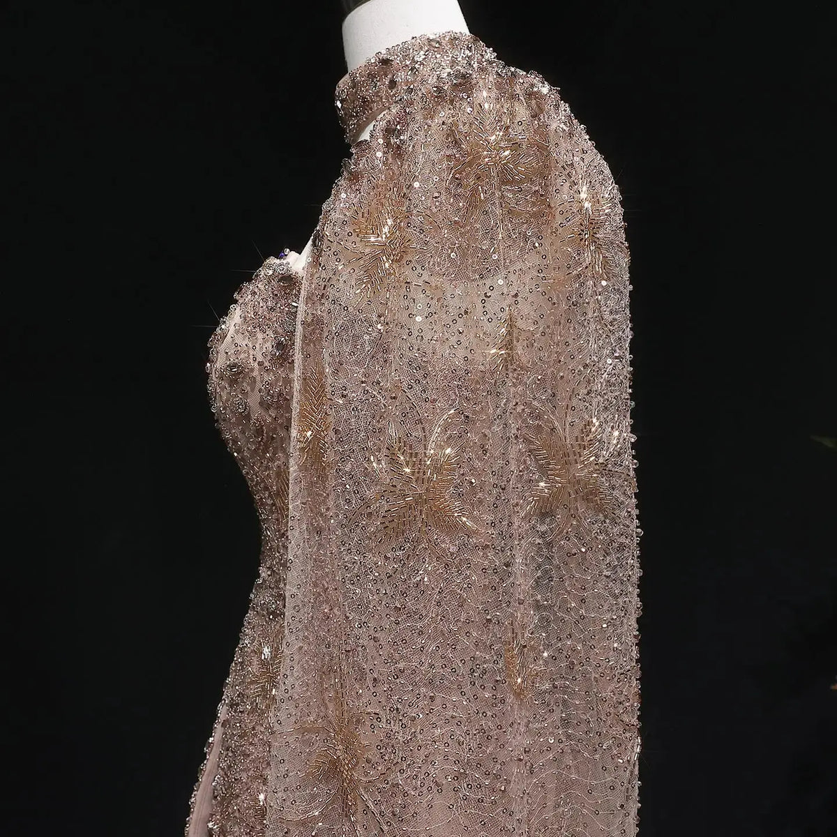 Elegant Silver High Neck Sheer Fitted Evening Dress with Cape Sleeve SS531 