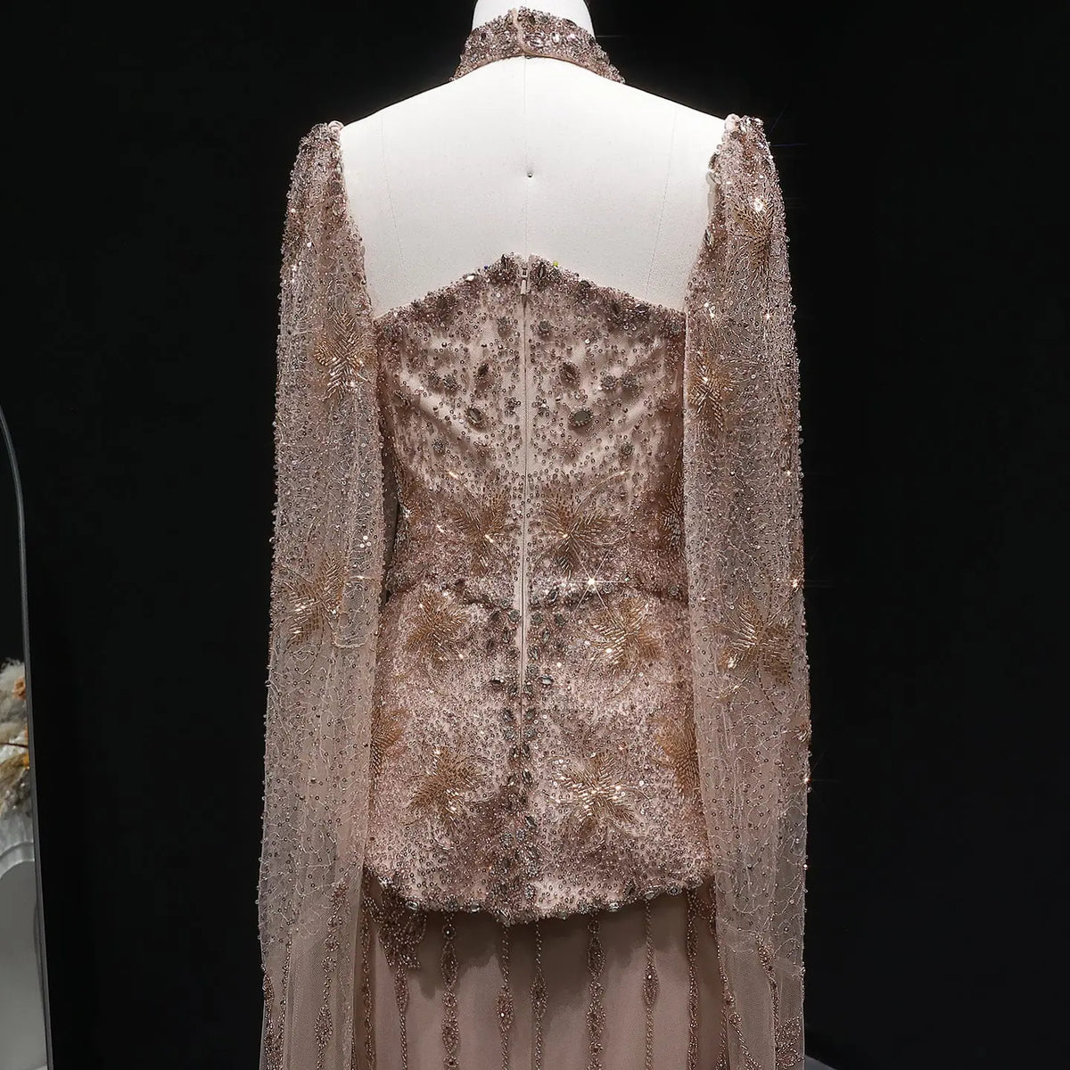 Elegant Silver High Neck Sheer Fitted Evening Dress with Cape Sleeve SS531 