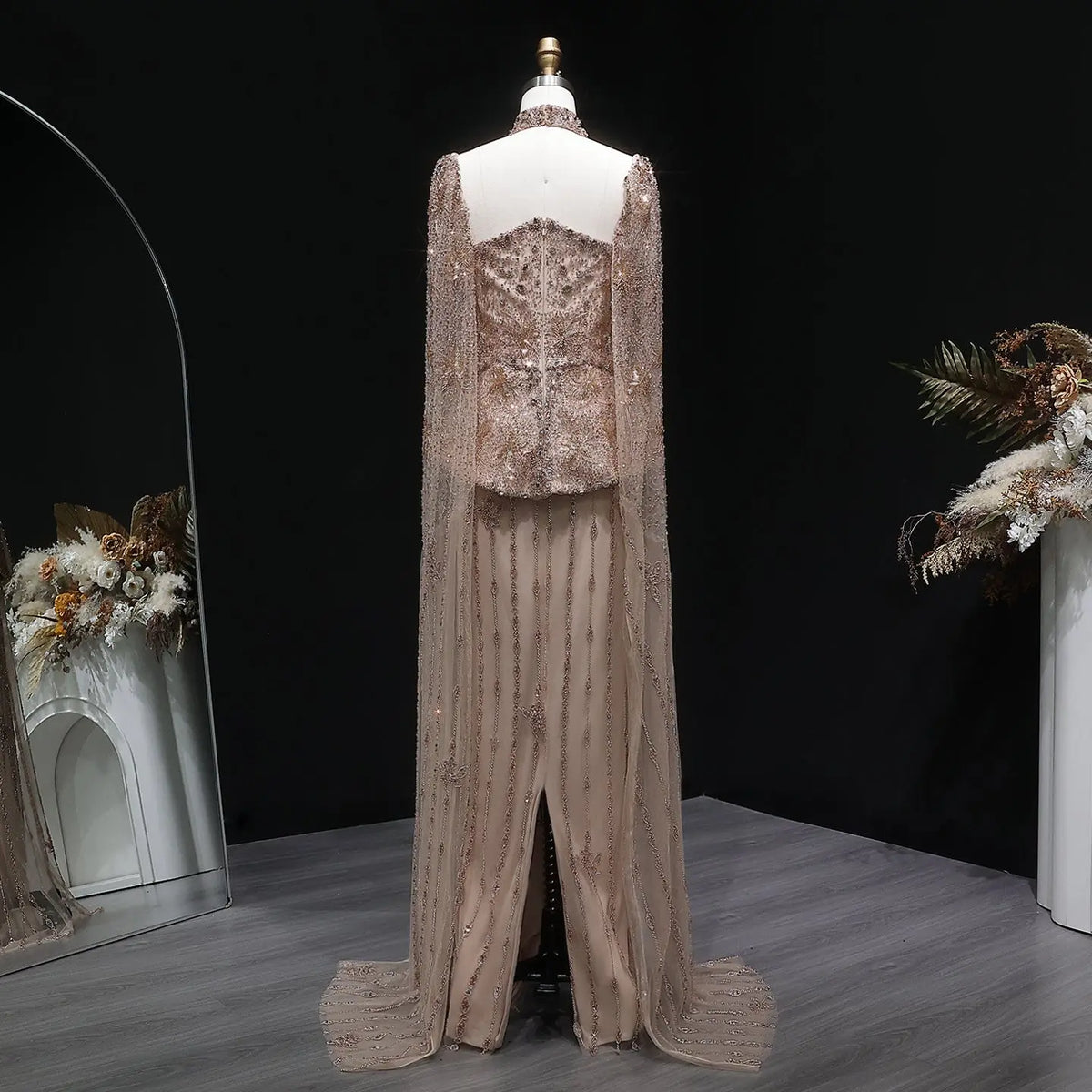 Elegant Silver High Neck Sheer Fitted Evening Dress with Cape Sleeve SS531 