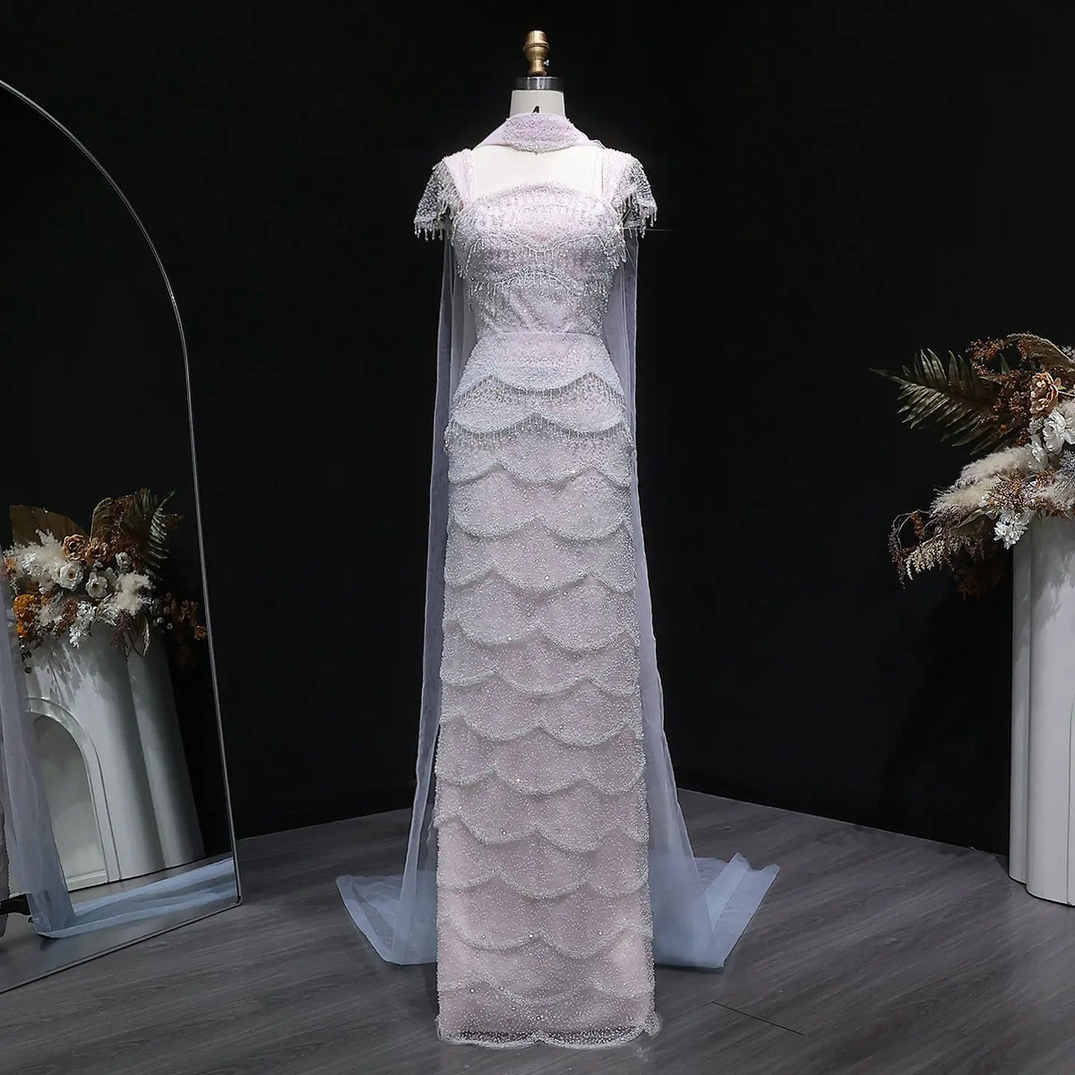 Chic Gradient White Beaded Fitted Evening Dress with Scarf SS523 