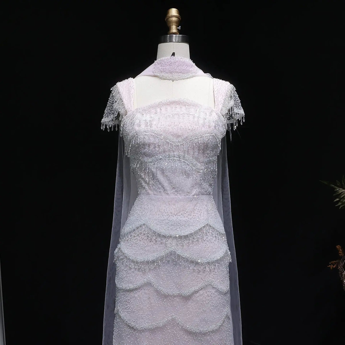 Chic Gradient White Beaded Fitted Evening Dress with Scarf SS523 