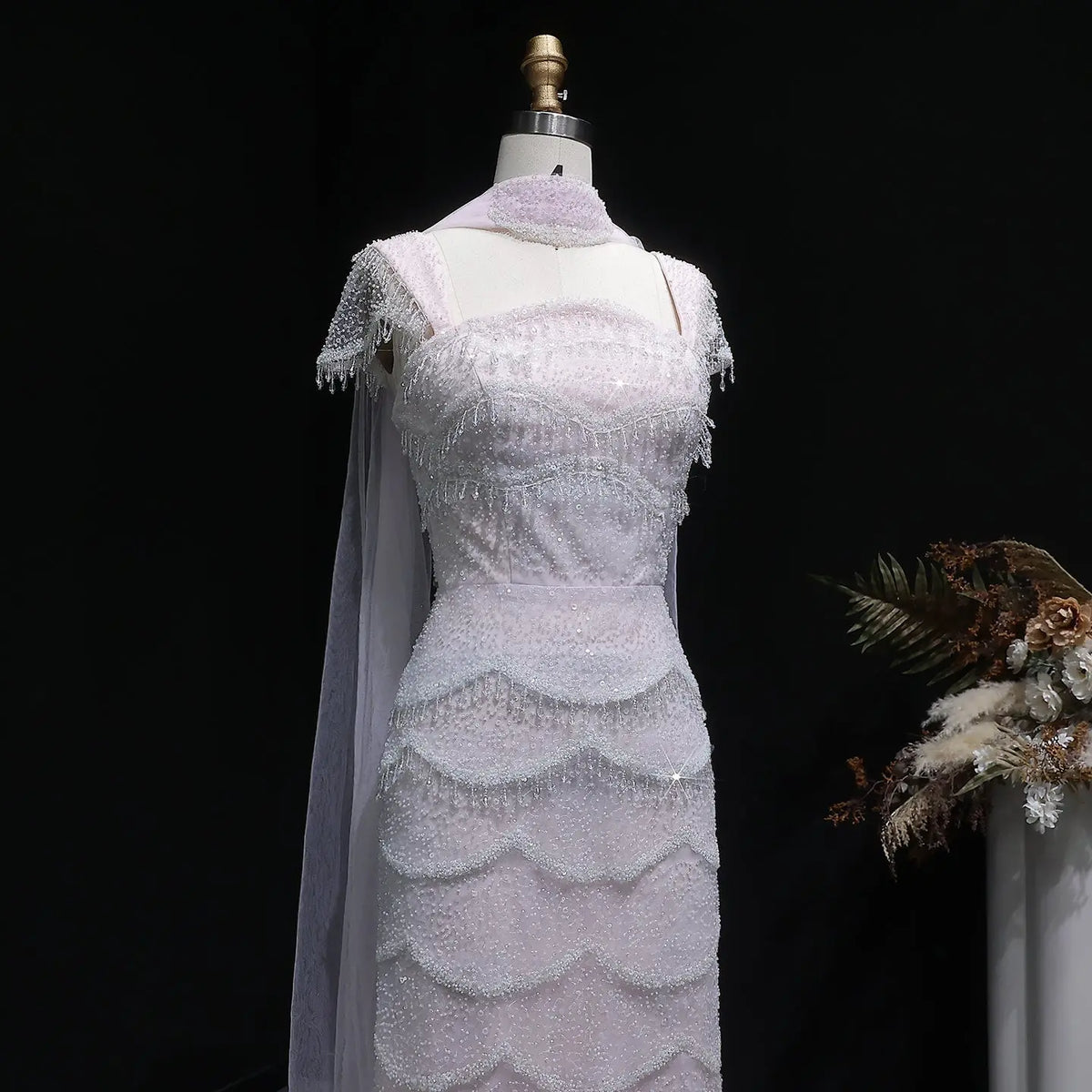 Chic Gradient White Beaded Fitted Evening Dress with Scarf SS523 