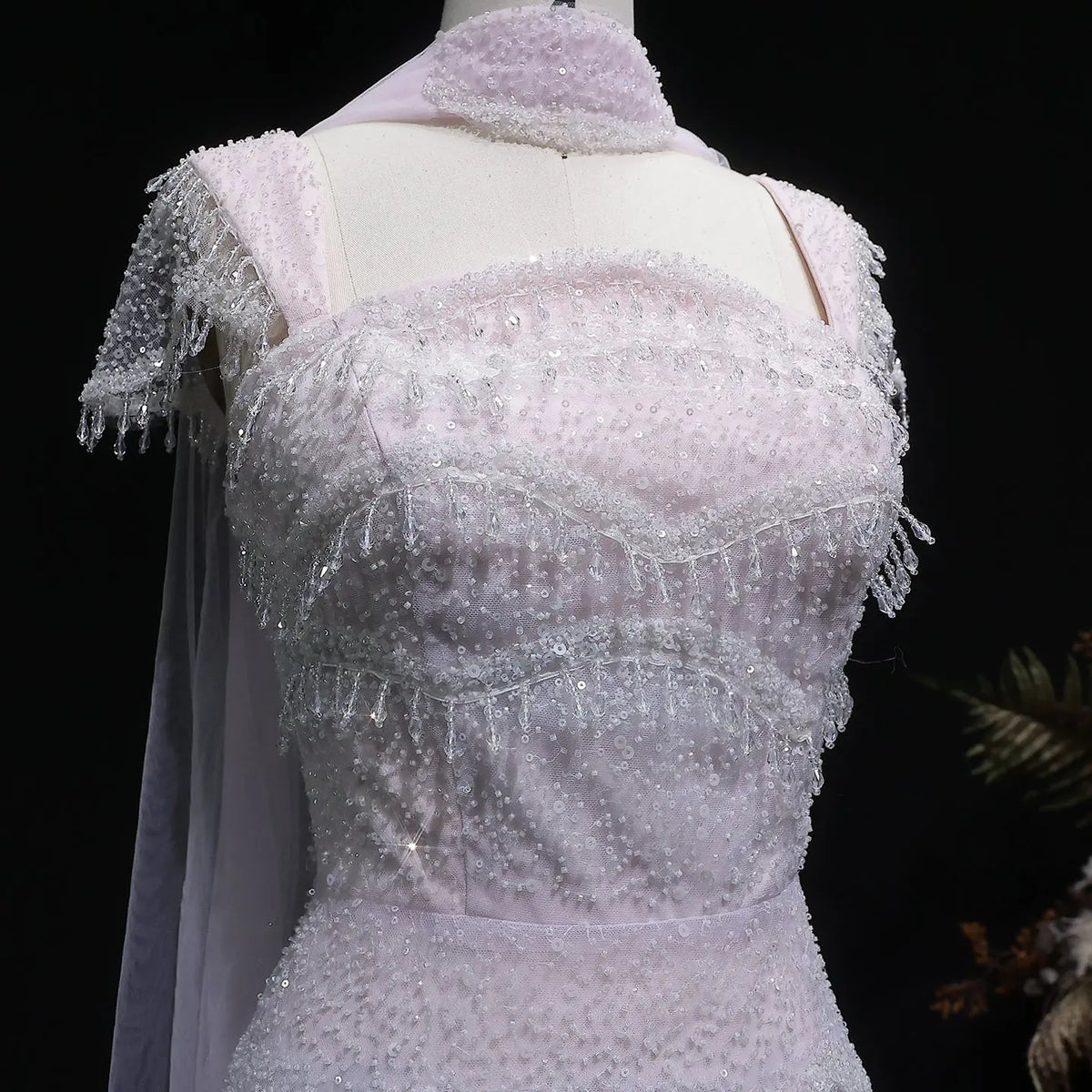 Chic Gradient White Beaded Fitted Evening Dress with Scarf SS523 