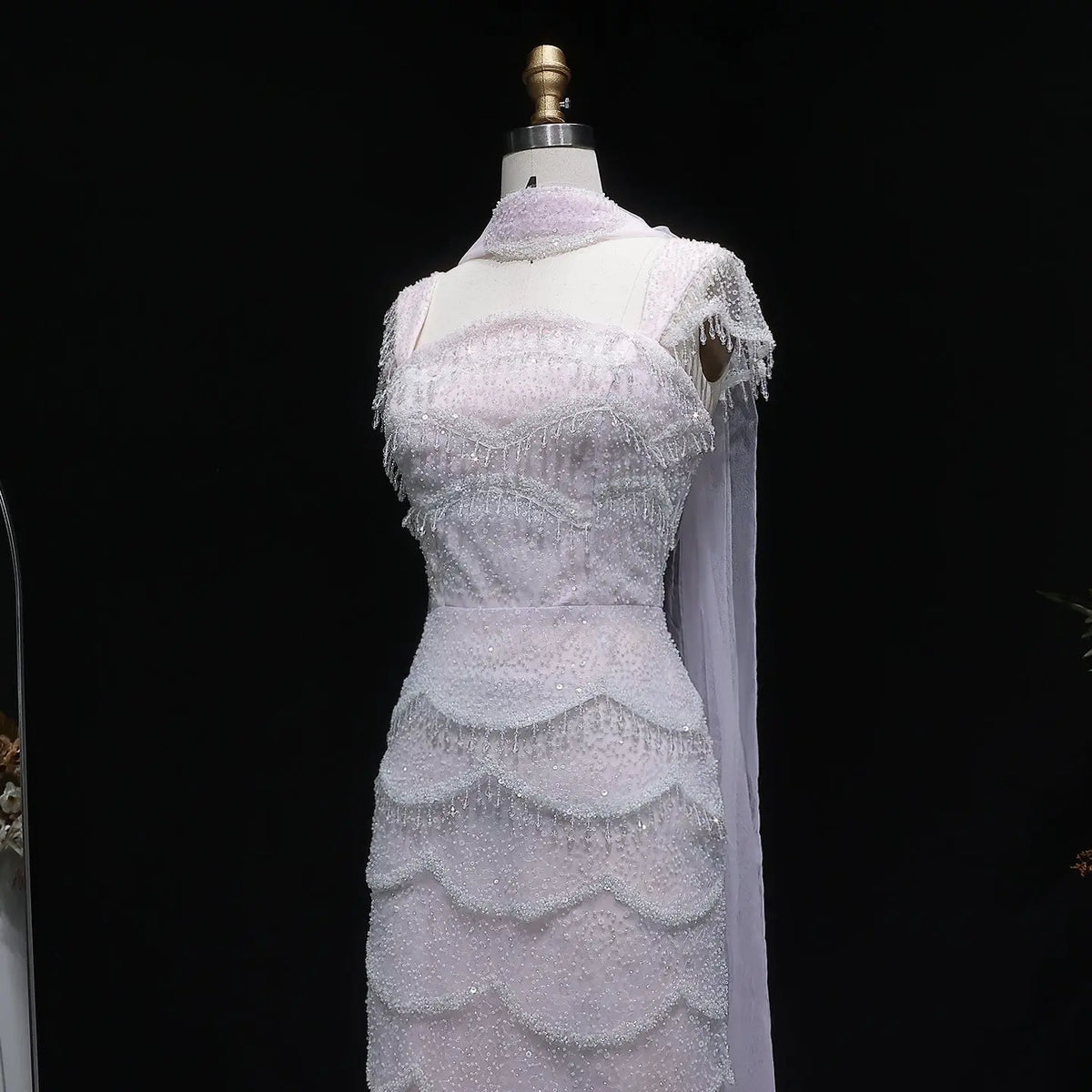 Chic Gradient White Beaded Fitted Evening Dress with Scarf SS523 