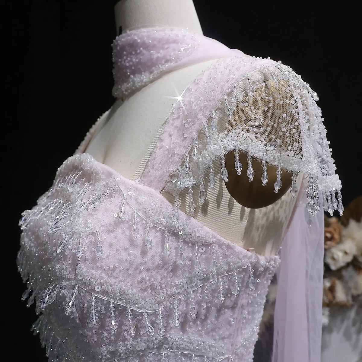 Chic Gradient White Beaded Fitted Evening Dress with Scarf SS523 