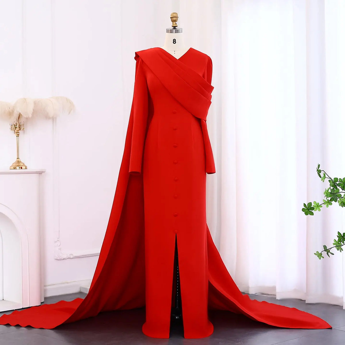 Elegant Red Long Sleeve Evening Dress with Cape SF137 Elegant Red Long Sleeve Evening Dress with Cape SF137