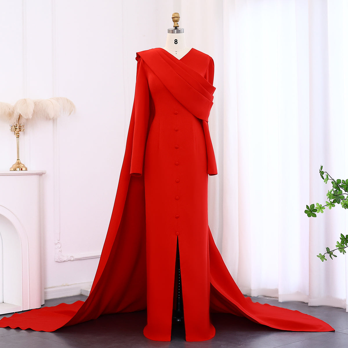 Elegant Red Long Sleeve Evening Dress with Cape SF137