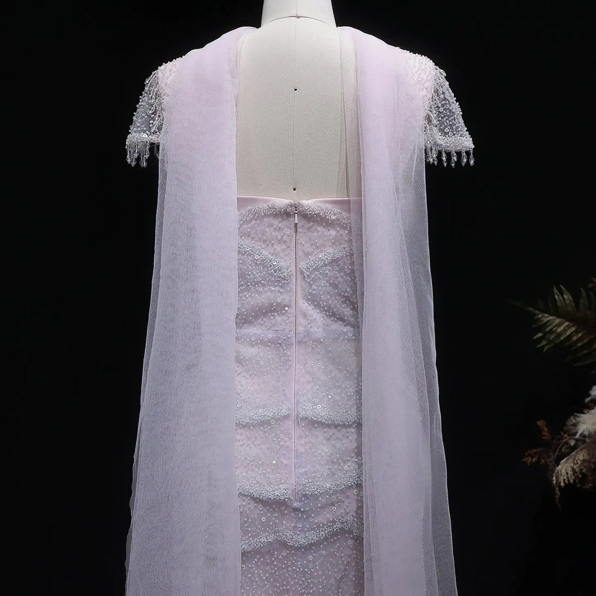 Chic Gradient White Beaded Fitted Evening Dress with Scarf SS523 