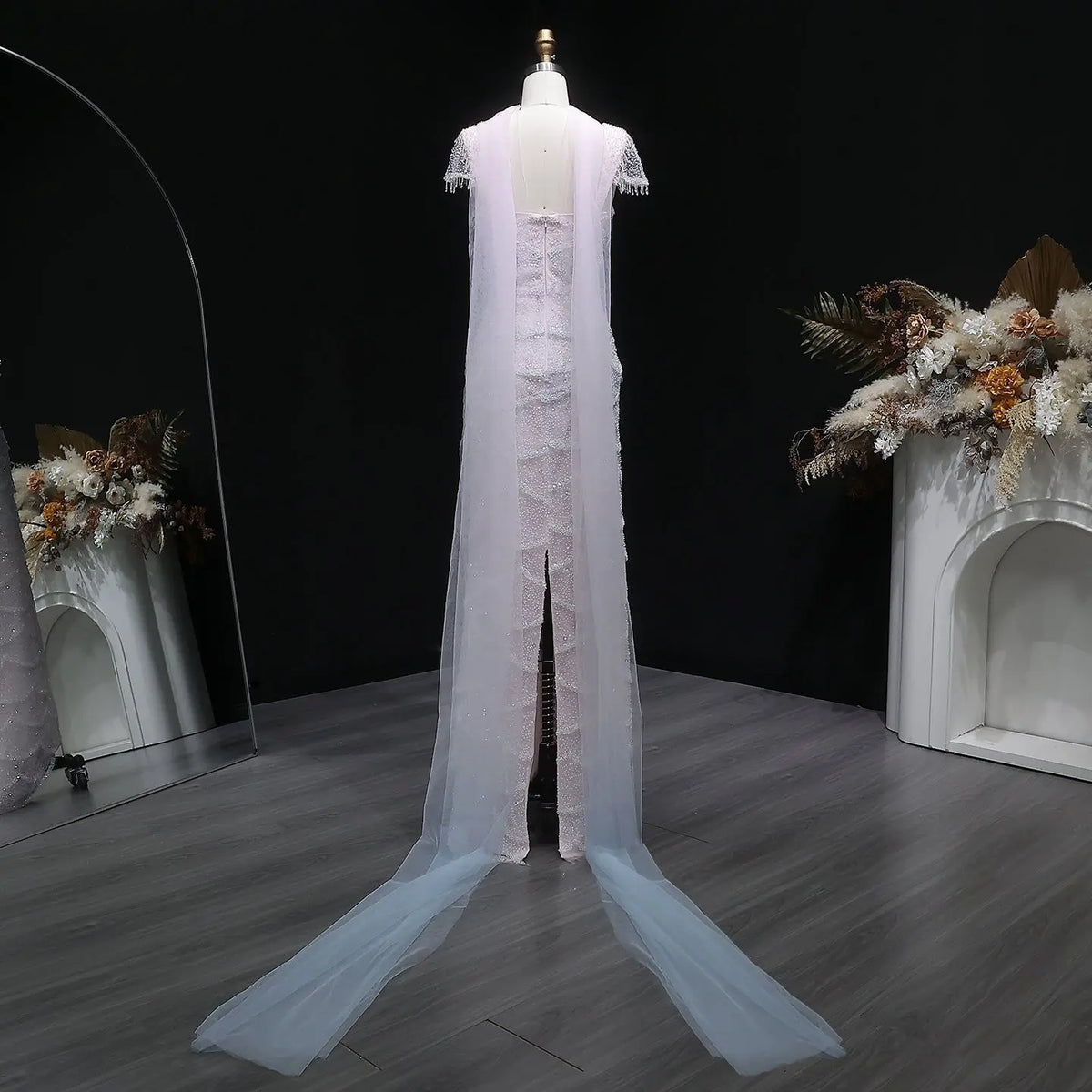 Chic Gradient White Beaded Fitted Evening Dress with Scarf SS523 