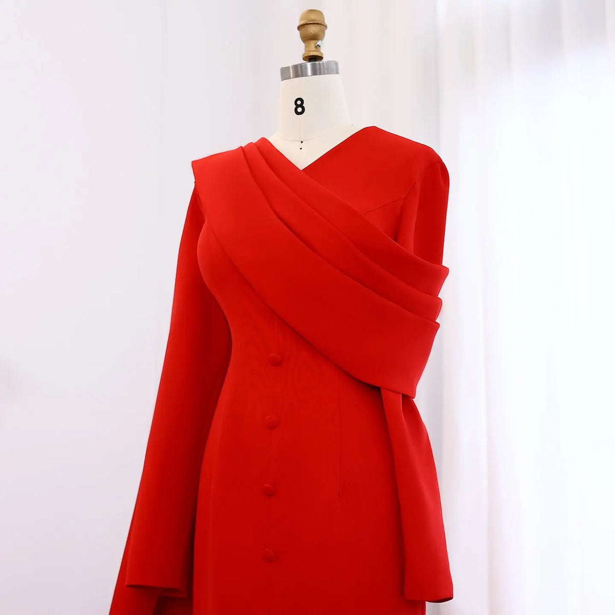 red evening dresses with long sleeves Chic Red Fitted Evening Formal Dress With Long Sleeve 36