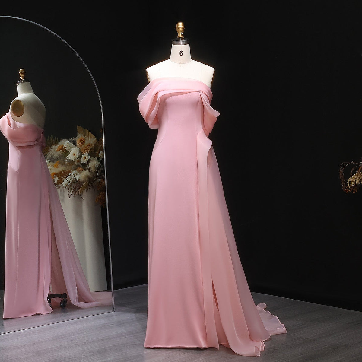 Elegant Pink Off Shoulder Evening Dress with Overskirt SF370