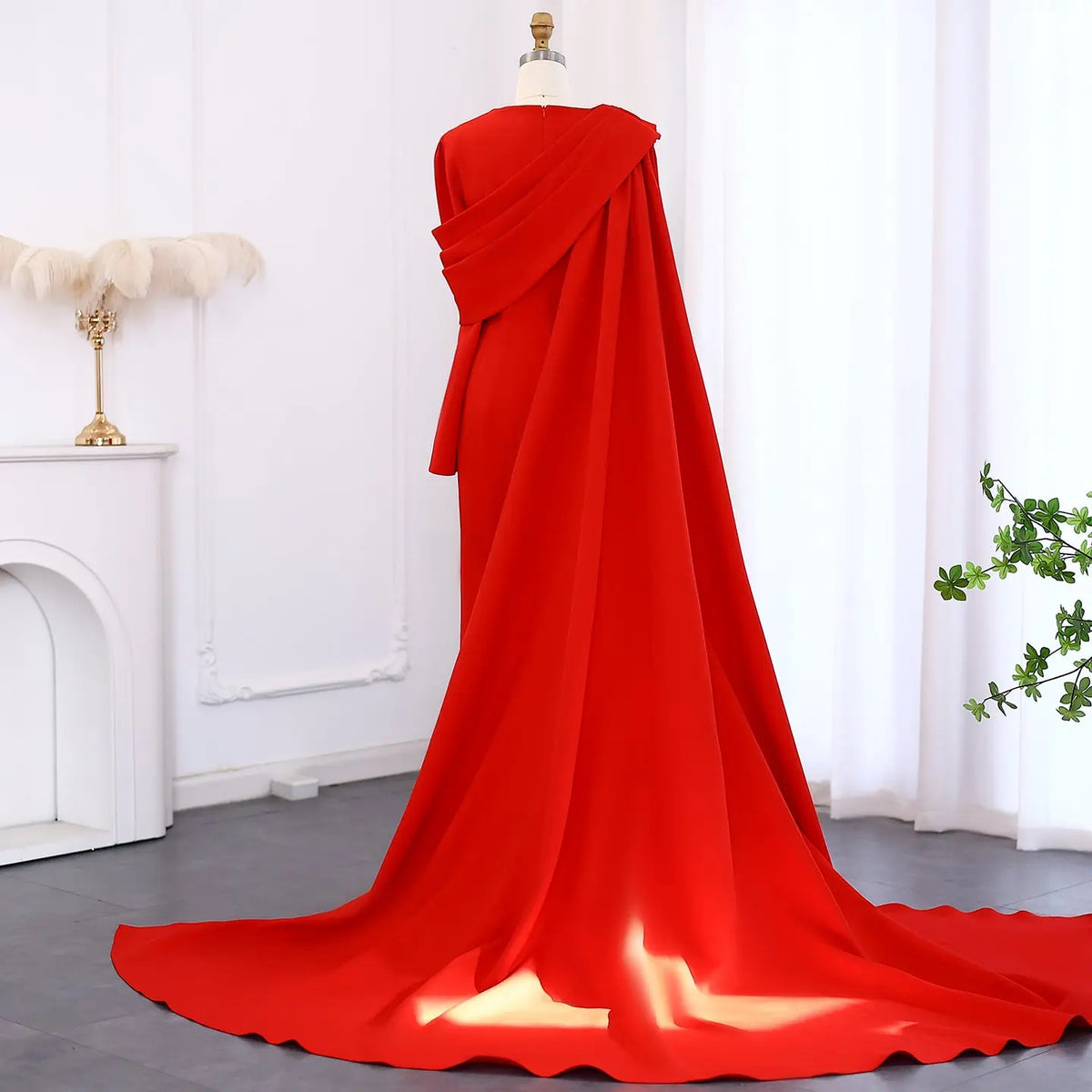 Elegant Red Long Sleeve Evening Dress with Cape SF137 Elegant Red Long Sleeve Evening Dress with Cape SF137