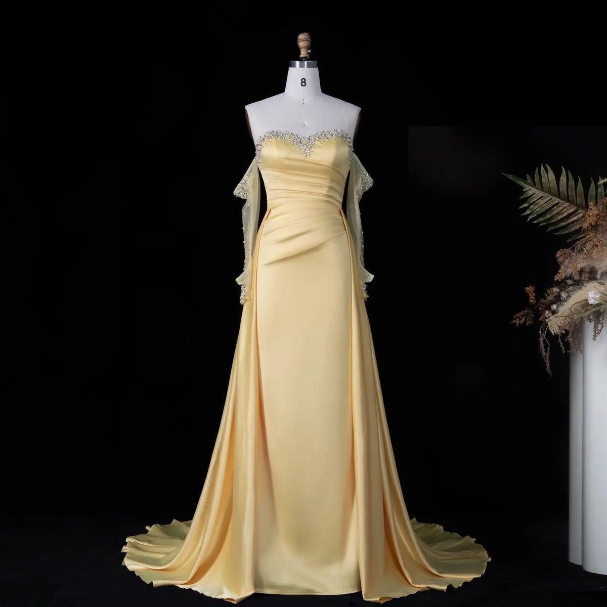 Elegant Sweetheart Yellow Evening Dress with Gloves SS586-4
