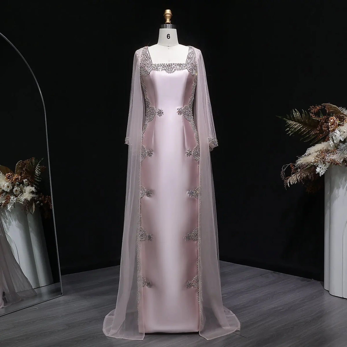 Luxury Pink Beaded Crystal Cape Satin Fitted Evening Dress SS326 