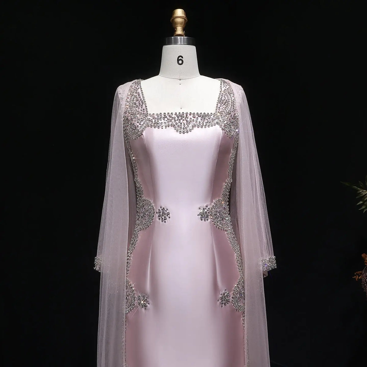 Luxury Pink Beaded Crystal Cape Satin Fitted Evening Dress SS326 