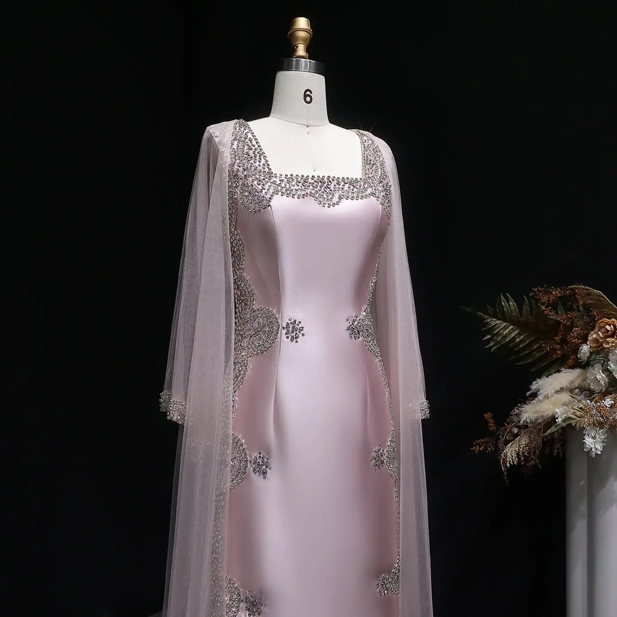 Luxury Pink Beaded Crystal Cape Satin Fitted Evening Dress SS326 