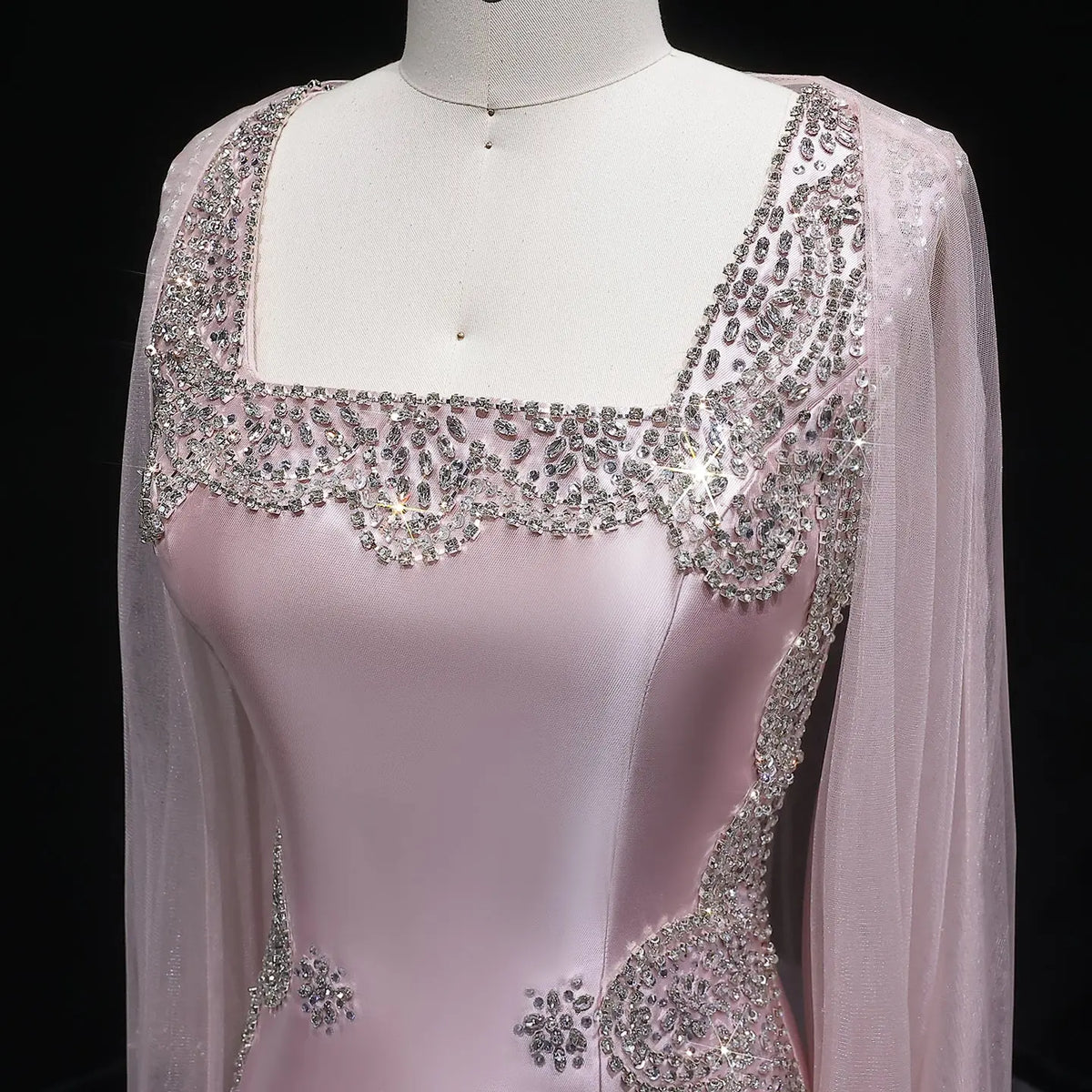 Luxury Pink Beaded Crystal Cape Satin Fitted Evening Dress SS326 