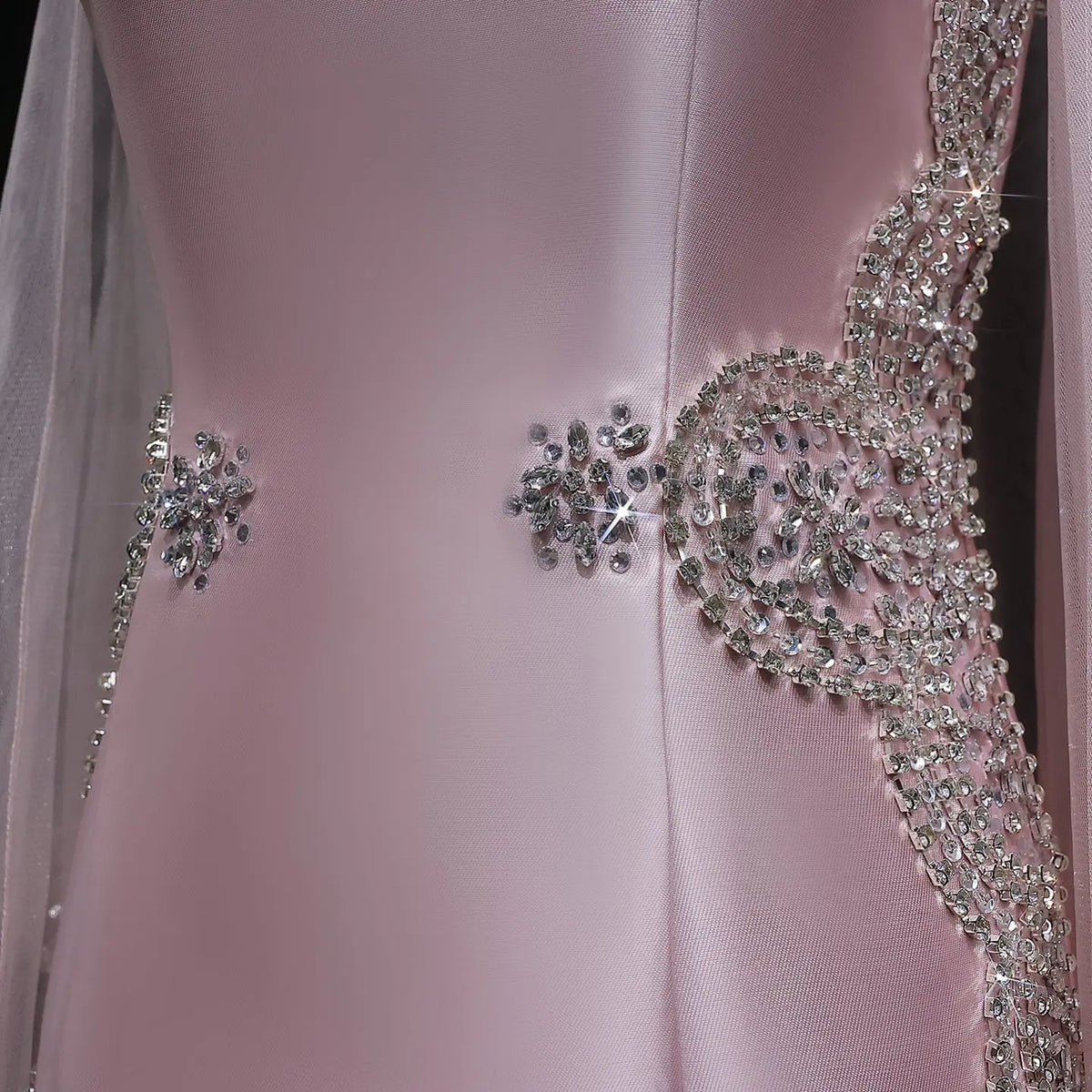 Luxury Pink Beaded Crystal Cape Satin Fitted Evening Dress SS326 