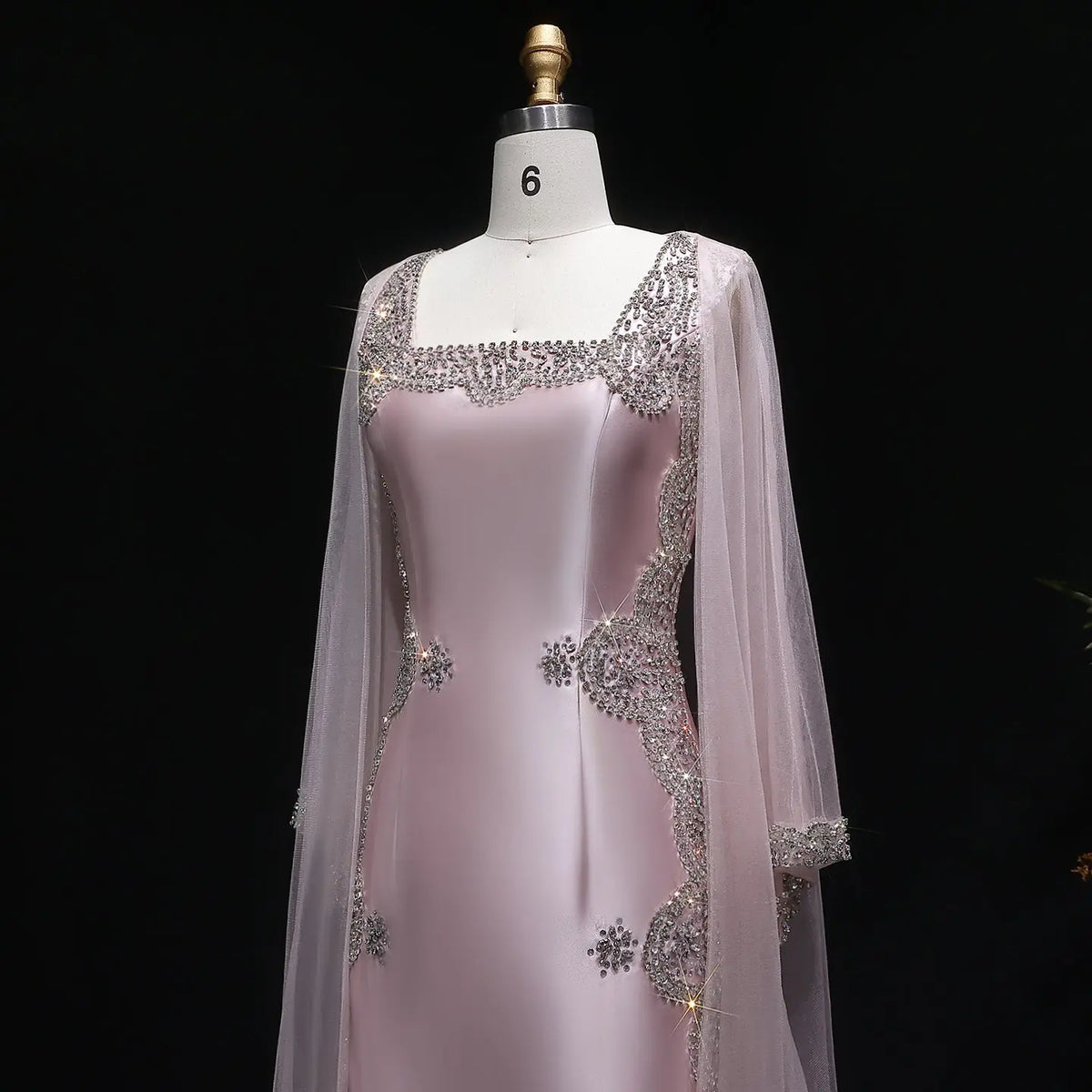 Luxury Pink Beaded Crystal Cape Satin Fitted Evening Dress SS326 