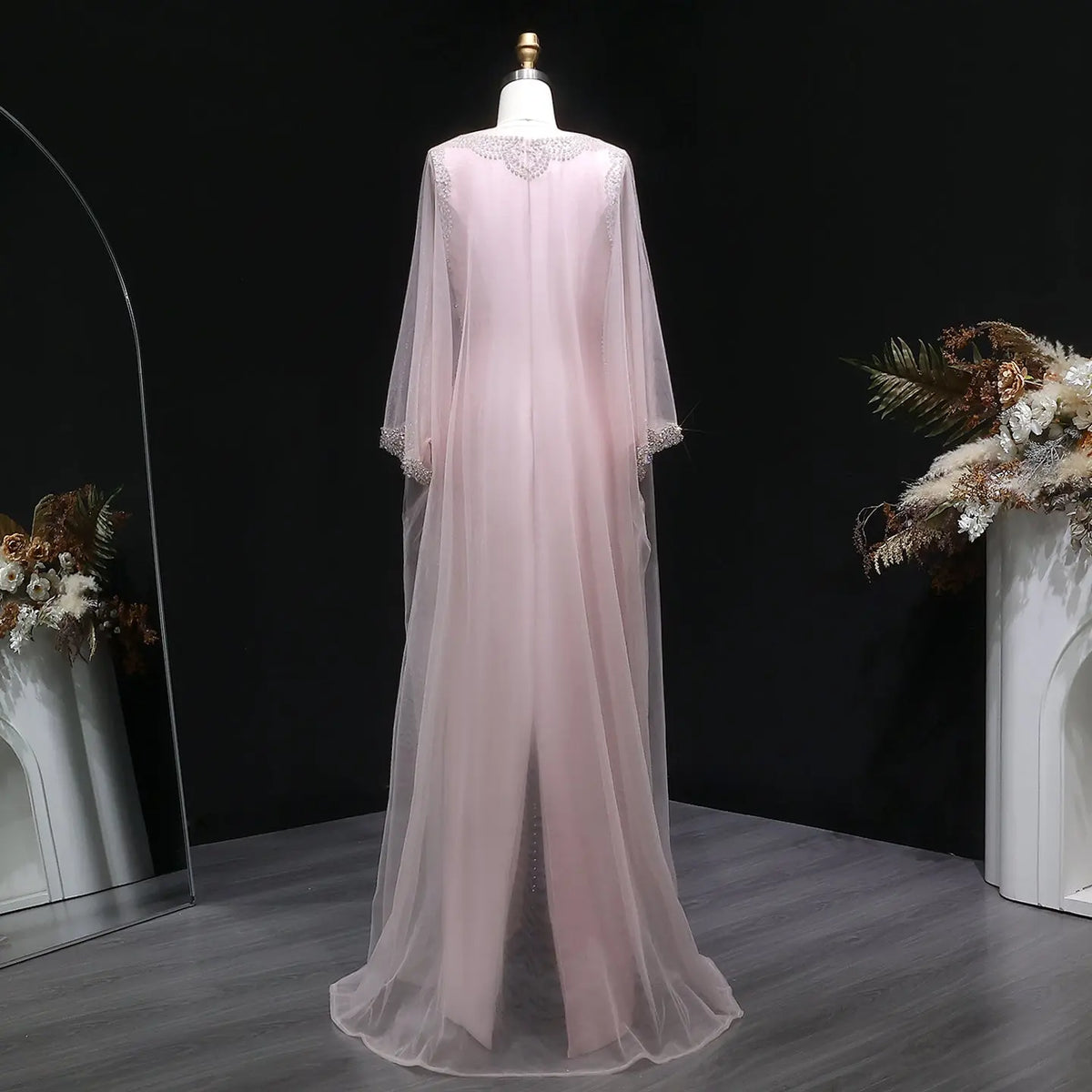 Luxury Pink Beaded Crystal Cape Satin Fitted Evening Dress SS326 