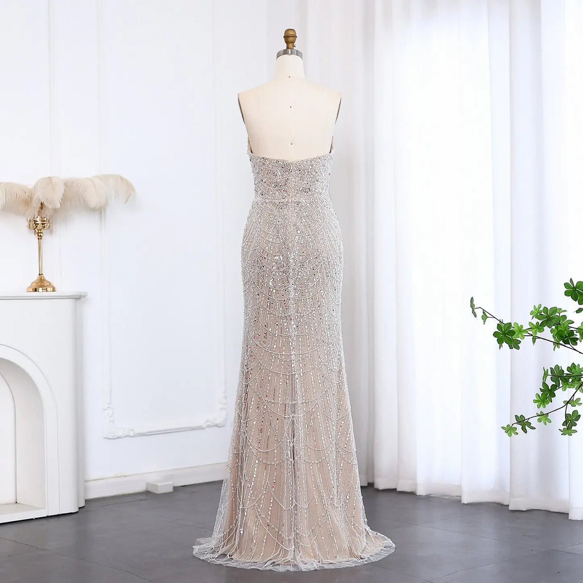 Luxury Pearls Silver Nude Strapless Evening Dress SS681 Luxury Pearls Silver Nude Strapless Evening Dress SS681