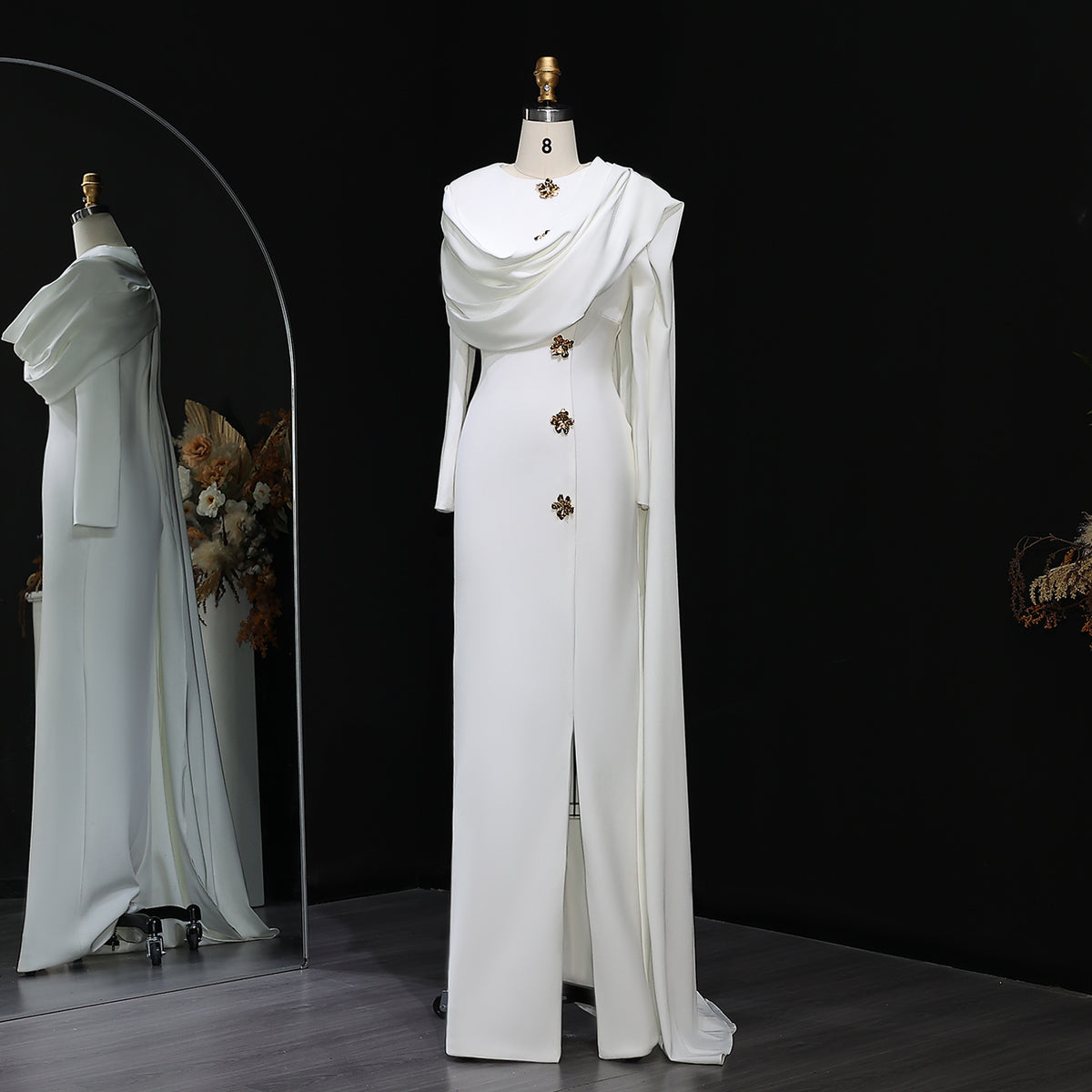 Elegant Off White Satin Arabic Evening Dress with Cape SF536 