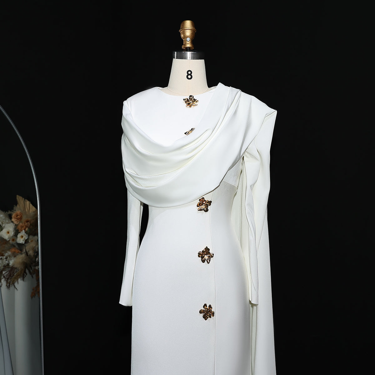 Elegant Off White Satin Arabic Evening Dress with Cape SF536 