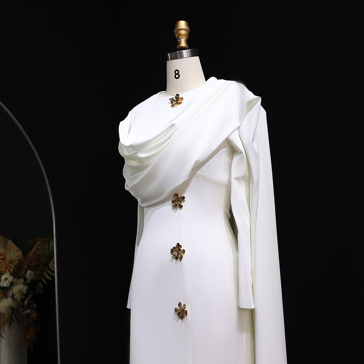 Elegant Off White Satin Arabic Evening Dress with Cape SF536 