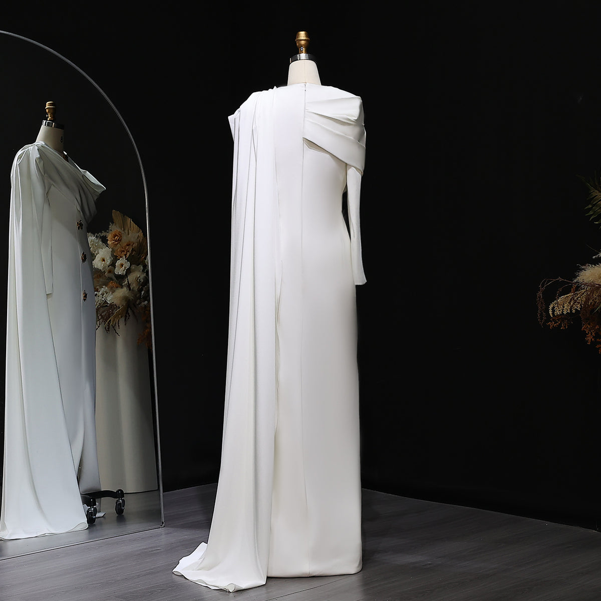 Elegant Off White Satin Arabic Evening Dress with Cape SF536 