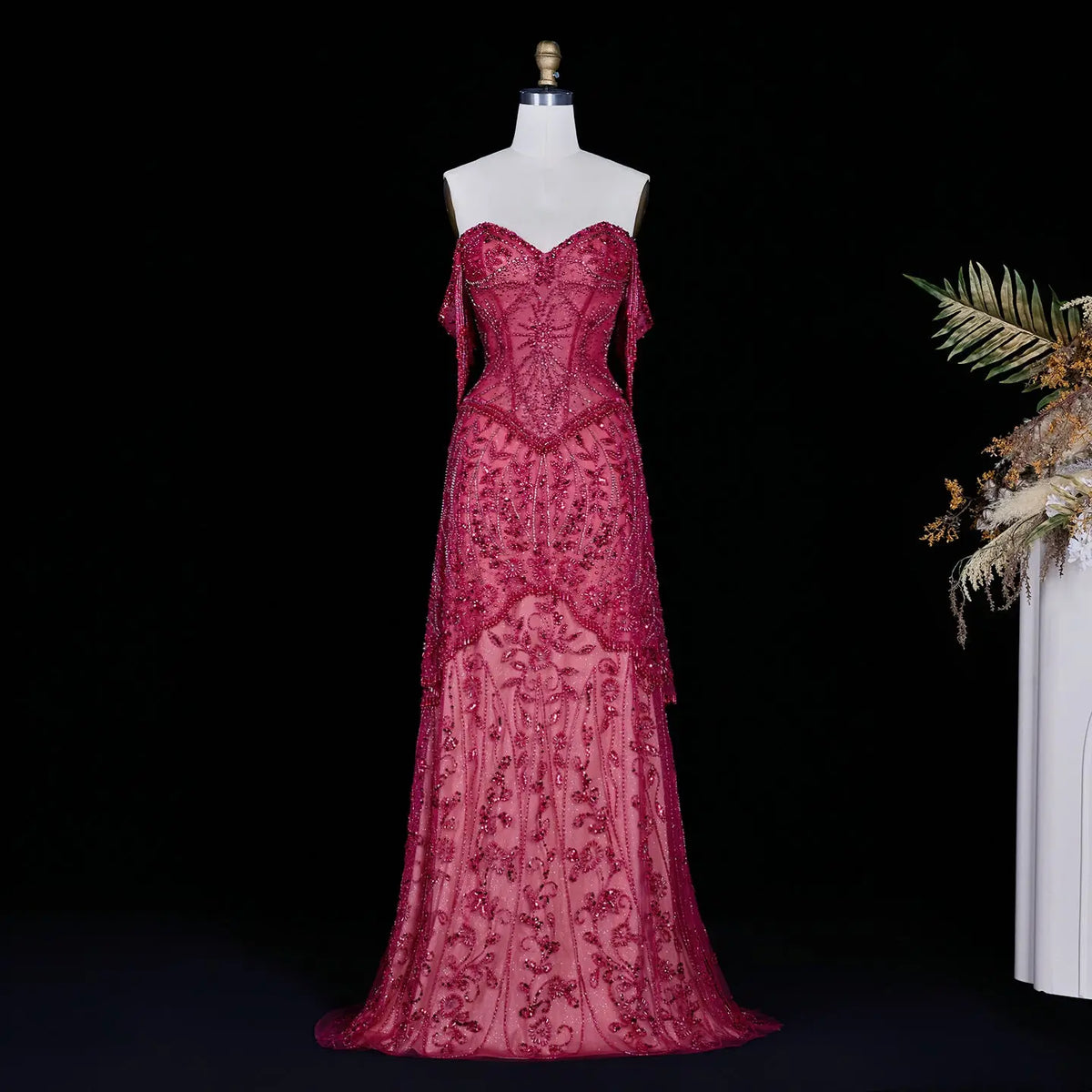 Fuchsia Beaded Tassel Off Shoulder Evening Dress SS516