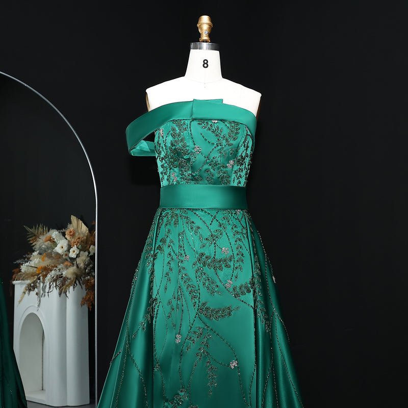 Elegant Emerald Green Beaded Embroidered Evening Dress with Overskirt XD012 