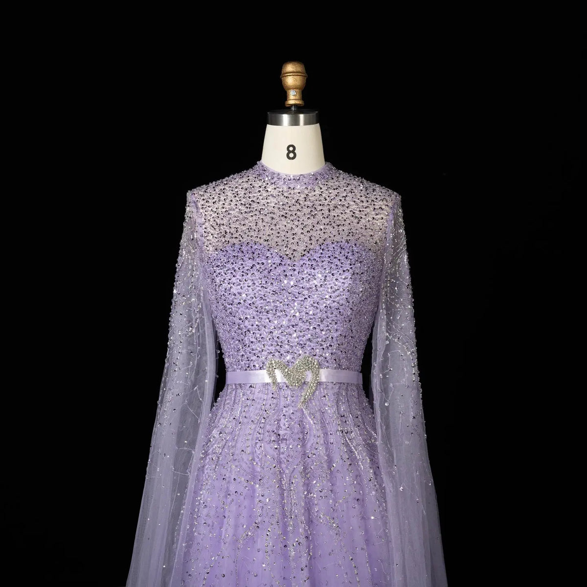 purple embellished high neck cap sleeve a line dress Light Purple Embellished Floral Cap Sleeve A Line Gown