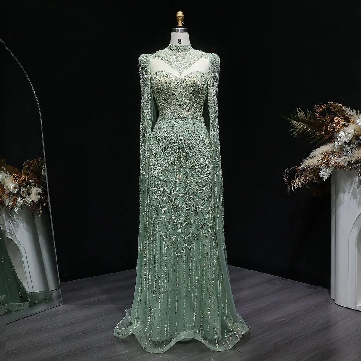 Elegant Beaded Blue Evening Dress with Cape Sleeves SS079 