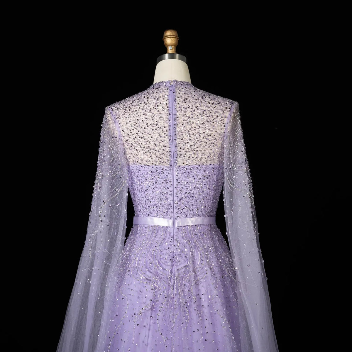 Luxury Blue High Neck Evening Dress with Cape Sleeves SS451