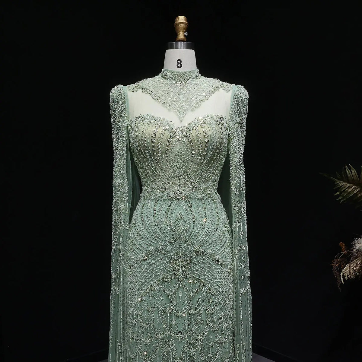 Elegant Beaded Blue Evening Dress with Cape Sleeves SS079 