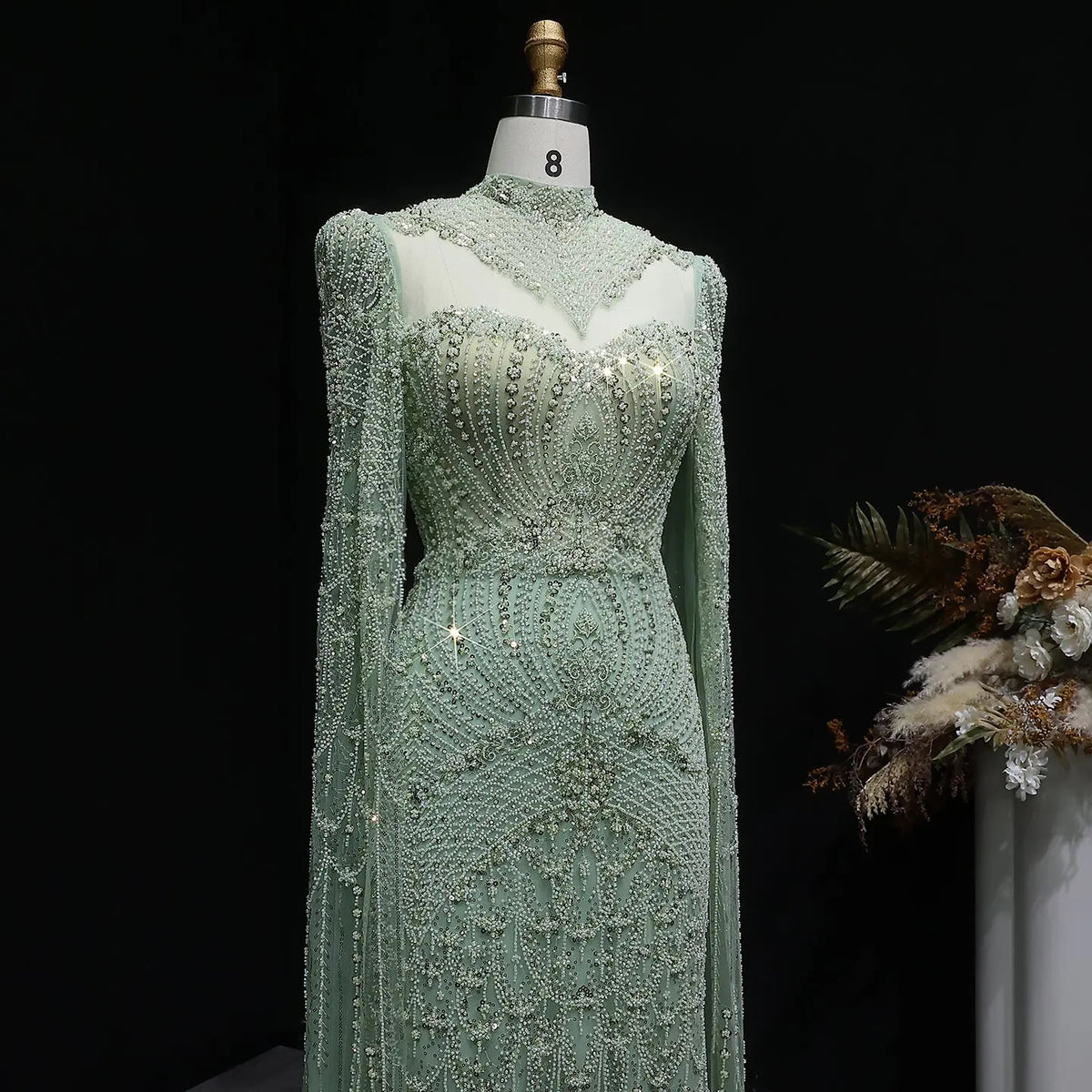 Elegant Beaded Blue Evening Dress with Cape Sleeves SS079 