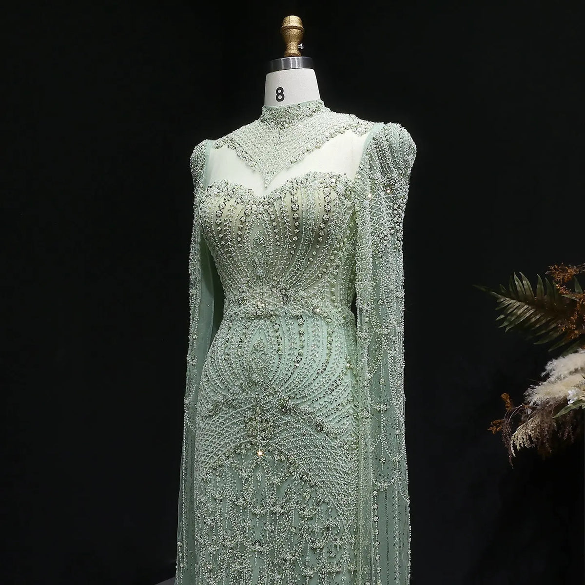 Elegant Beaded Blue Evening Dress with Cape Sleeves SS079 