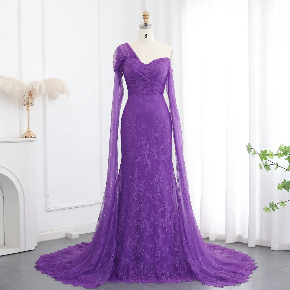 purple lace long sleeve dress Purple Lace Mermaid Evening Dress with Cape Sleeves SF055
